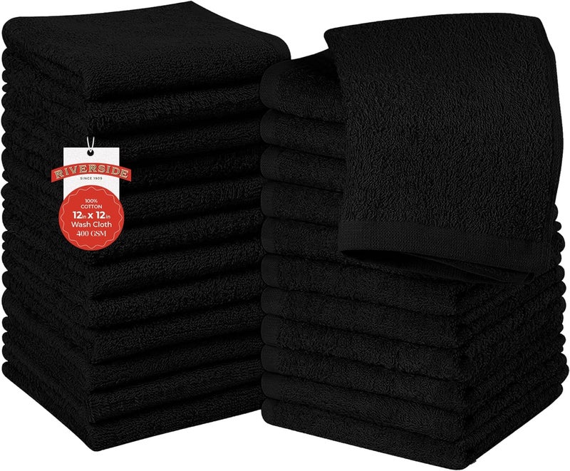 Riverside 24 Pack Washcloths Set - 100% Cotton [12x12 Inches] - 500 GSM, Soft, Quick-Dry & Highly Absorbent Face Towels - Perfect for Bathroom, Gym, Hotel, Spa & Travel - Black - Image 1